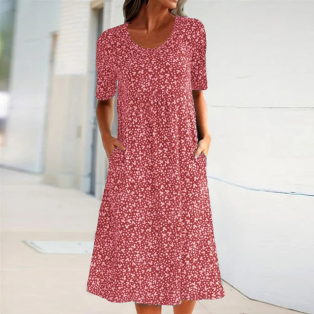 Tahlia™ - Elegant O-Neck Short Sleeve Midi Dress with Pockets