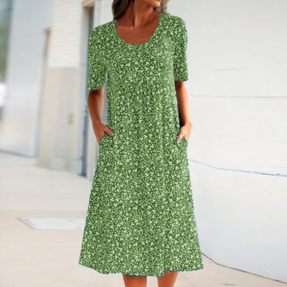 Tahlia™ - Elegant O-Neck Short Sleeve Midi Dress with Pockets