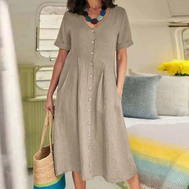 Sophie™ - Retro V-Neck Cotton Linen Loose Summer Dress